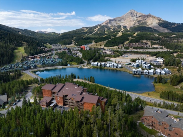 bird's eye view with a water and mountain view