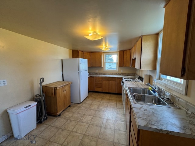 kitchen featuring stainless steel electric range oven, sink, and white refrigerator