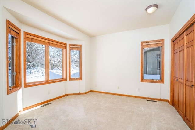 unfurnished bedroom featuring light colored carpet and a closet