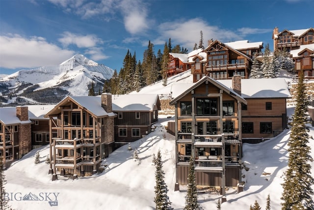 snow covered back of property featuring a mountain view