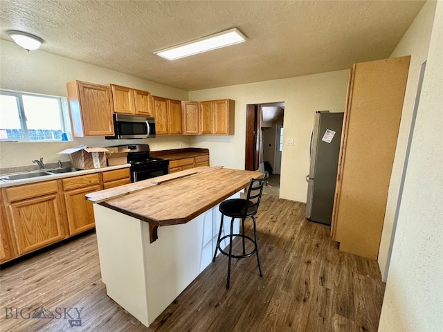 kitchen featuring butcher block countertops, sink, light hardwood / wood-style floors, and stainless steel appliances