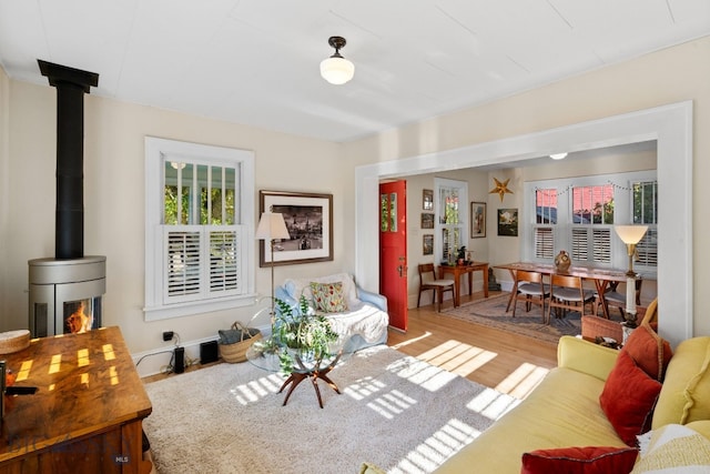 living room featuring hardwood / wood-style flooring and a wood stove