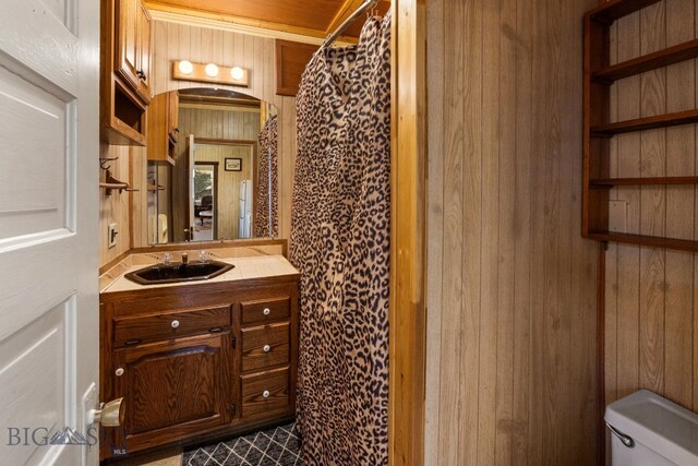 bathroom with toilet, vanity, and wooden walls