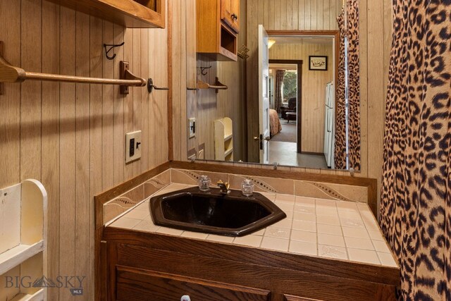 bathroom with wood walls and sink