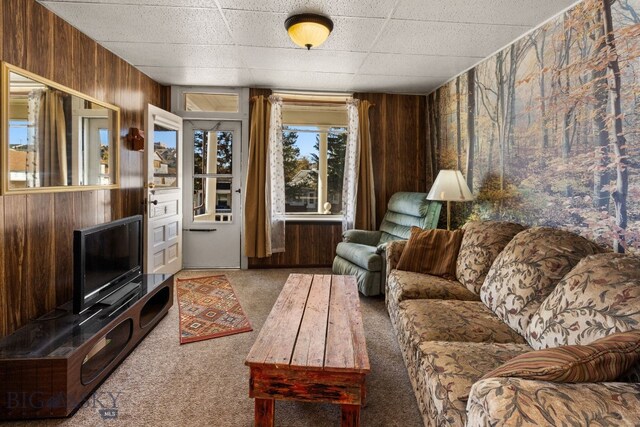 living room with a paneled ceiling, carpet floors, and wooden walls