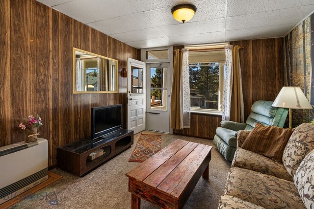 living room featuring carpet flooring, wood walls, and a drop ceiling