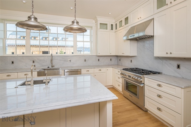 kitchen featuring sink, light stone counters, appliances with stainless steel finishes, light hardwood / wood-style flooring, and pendant lighting