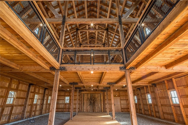 miscellaneous room featuring wood walls, wood ceiling, and vaulted ceiling with beams