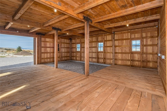 interior space with beam ceiling, wood walls, hardwood / wood-style flooring, and wood ceiling