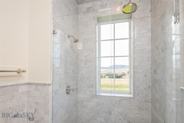 bathroom featuring a mountain view, a wealth of natural light, and tiled shower