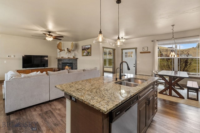 kitchen featuring plenty of natural light, sink, stainless steel dishwasher, and dark brown cabinets