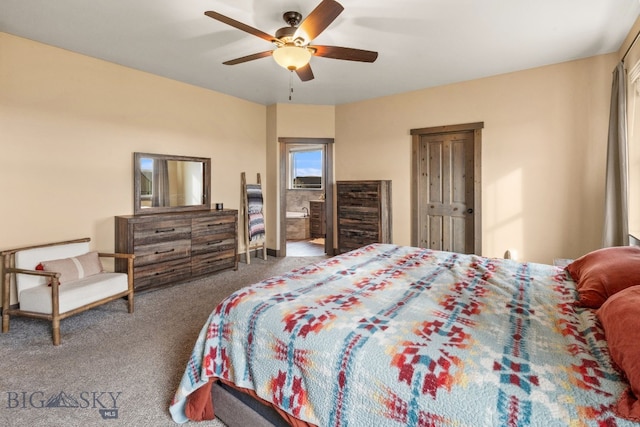 carpeted bedroom with ceiling fan