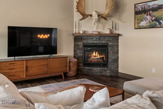 living room with a stone fireplace and dark hardwood / wood-style floors