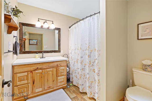 bathroom featuring toilet, vanity, and hardwood / wood-style flooring