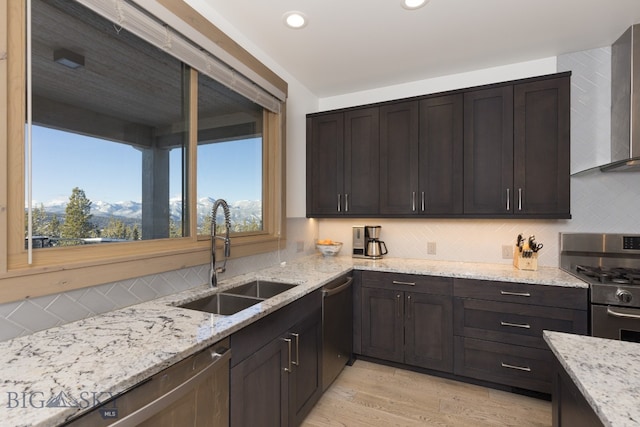 kitchen with dark brown cabinets, light hardwood / wood-style floors, appliances with stainless steel finishes, and sink