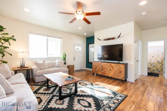 living room featuring ceiling fan and light hardwood / wood-style flooring