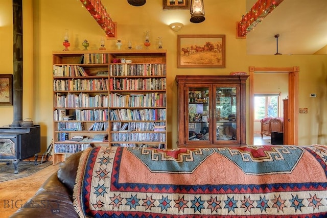 living area with a wood stove