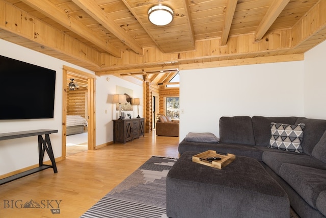 living room featuring hardwood / wood-style floors, beamed ceiling, and wood ceiling