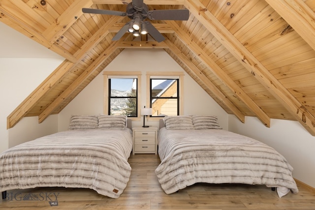 bedroom featuring lofted ceiling with beams, wood ceiling, ceiling fan, and light hardwood / wood-style flooring