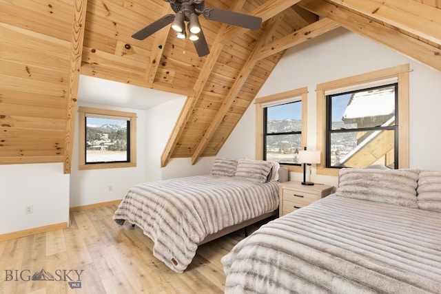 bedroom featuring multiple windows, light hardwood / wood-style flooring, and wood ceiling