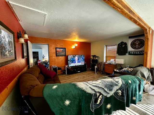 living room with a textured ceiling and hardwood / wood-style flooring