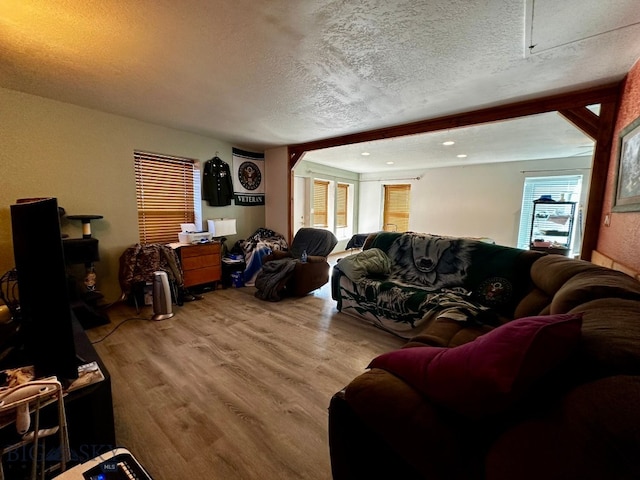 living room with hardwood / wood-style flooring and a textured ceiling