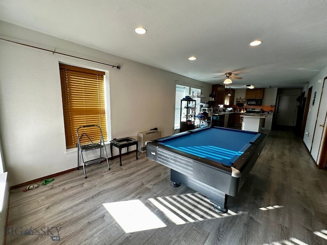 recreation room featuring ceiling fan, pool table, and light hardwood / wood-style flooring