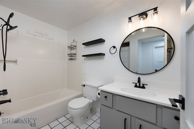 full bathroom featuring tile patterned flooring, vanity, shower / washtub combination, and toilet