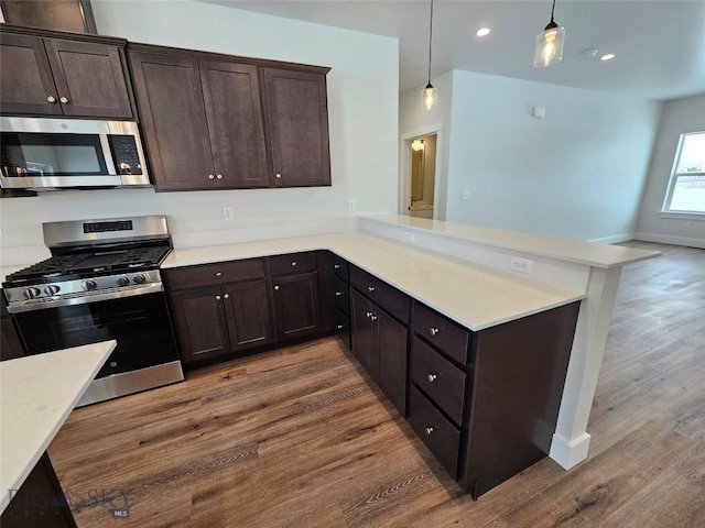 kitchen with a peninsula, stainless steel appliances, and light countertops