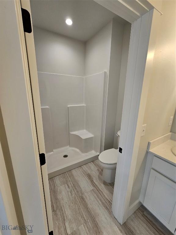 bathroom featuring toilet, a shower stall, wood finished floors, and vanity