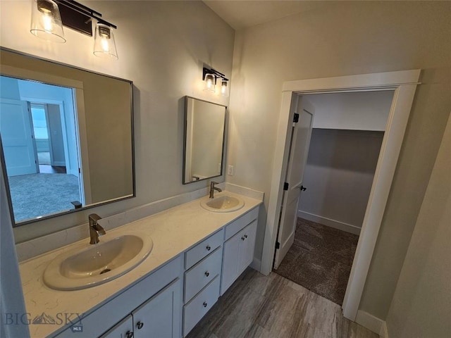 bathroom featuring a walk in closet, wood finished floors, a sink, and double vanity