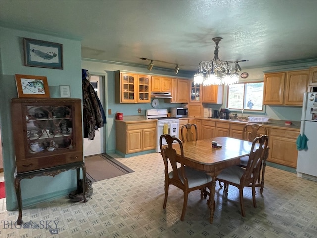 dining room with sink, rail lighting, and an inviting chandelier