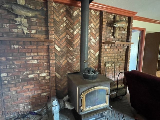 details featuring a wood stove and ornamental molding