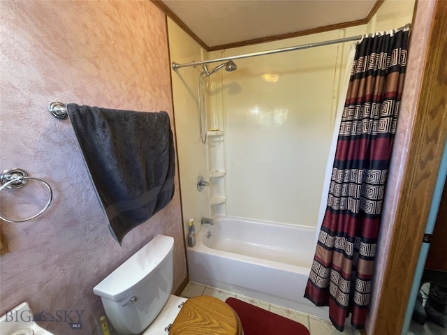 bathroom featuring toilet, tile patterned flooring, shower / bathtub combination with curtain, and ornamental molding