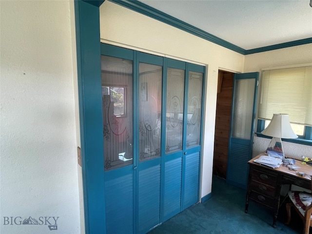 interior space with dark colored carpet, a closet, and ornamental molding