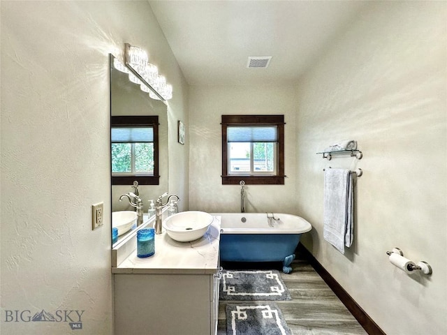 401 Mill Crk, Sheridan, MT 59749 - full bath with vanity, a freestanding tub, wood finished floors, baseboards, and a textured wall