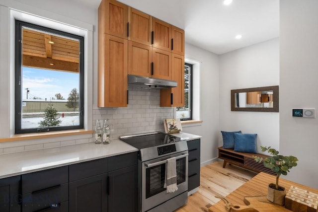 kitchen featuring tasteful backsplash, stainless steel electric range, oven, and light wood-type flooring