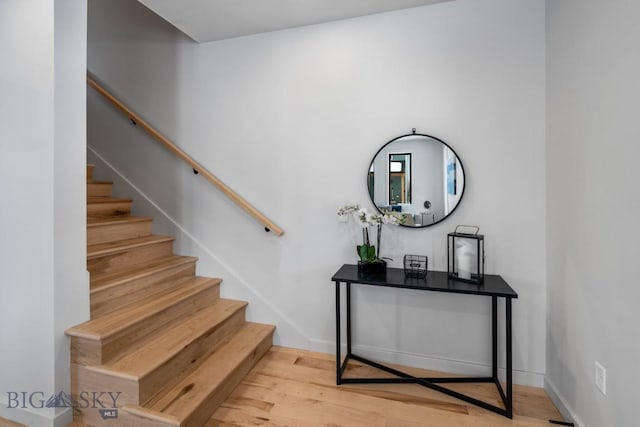 stairs with hardwood / wood-style flooring