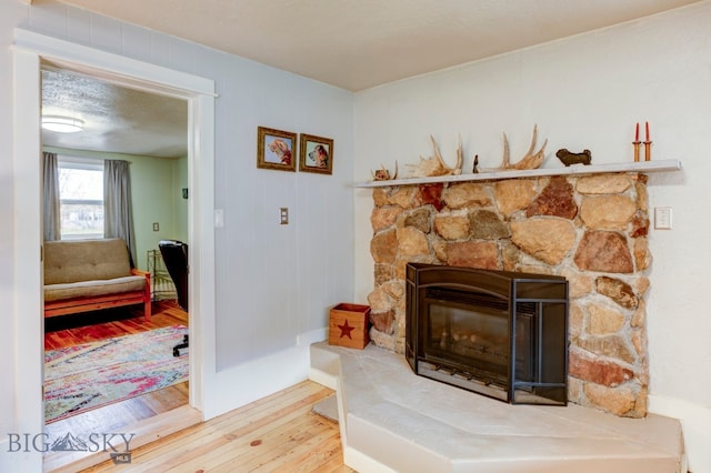 room details featuring hardwood / wood-style floors and a stone fireplace