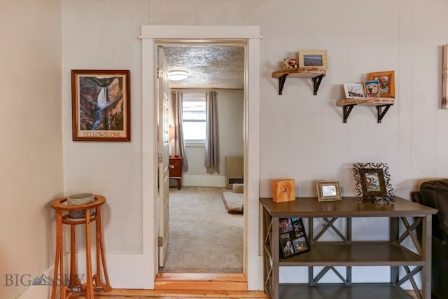 hall with wood walls, wood-type flooring, and a textured ceiling