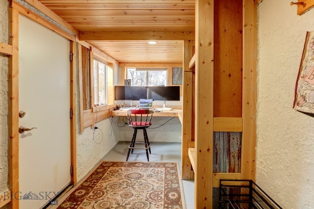 interior space featuring wooden ceiling