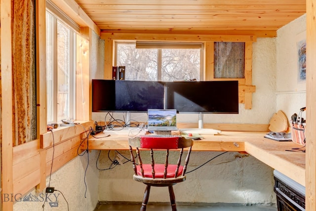 office with wood ceiling