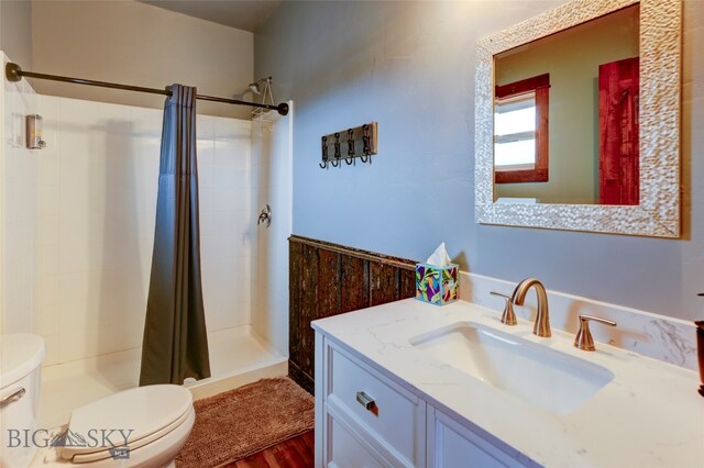 bathroom featuring a shower with curtain, hardwood / wood-style floors, vanity, and toilet