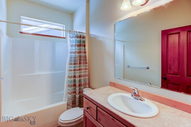 full bathroom with shower / tub combo, vanity, and toilet