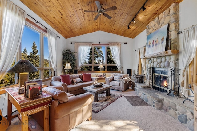 living room featuring a stone fireplace, carpet floors, wood ceiling, and vaulted ceiling