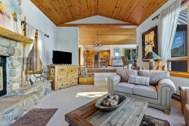 carpeted living room featuring a stone fireplace, high vaulted ceiling, wood ceiling, and an inviting chandelier