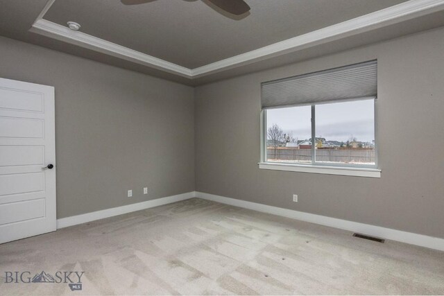 carpeted spare room featuring ceiling fan, crown molding, and a tray ceiling