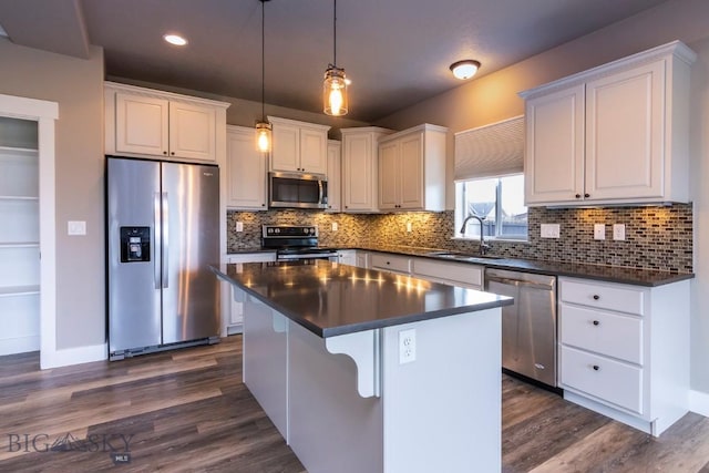 kitchen with appliances with stainless steel finishes, decorative backsplash, a sink, and dark countertops
