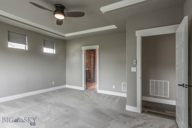 unfurnished room featuring carpet, a raised ceiling, and ceiling fan