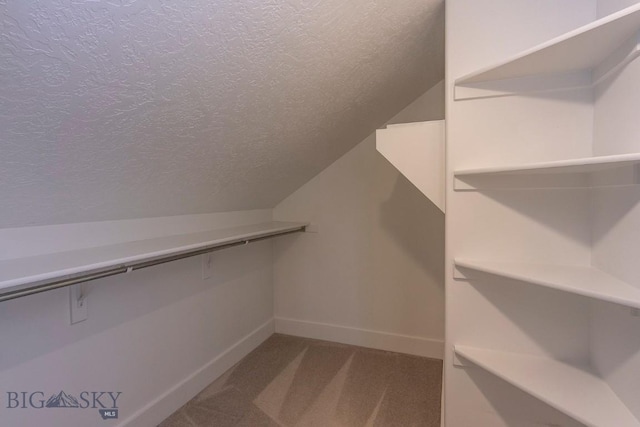 walk in closet with vaulted ceiling and carpet